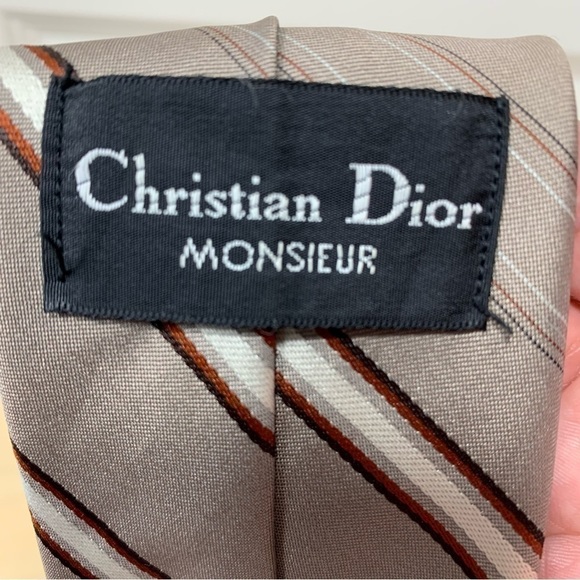 Christian Dior Monsieur Vintage Neck Tie Tan Gray Classic Diagonals Stripes - Picture 9 of 11